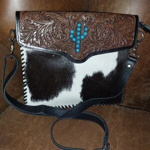 Brown and Black Crossbody Bag with Turquoise Accents